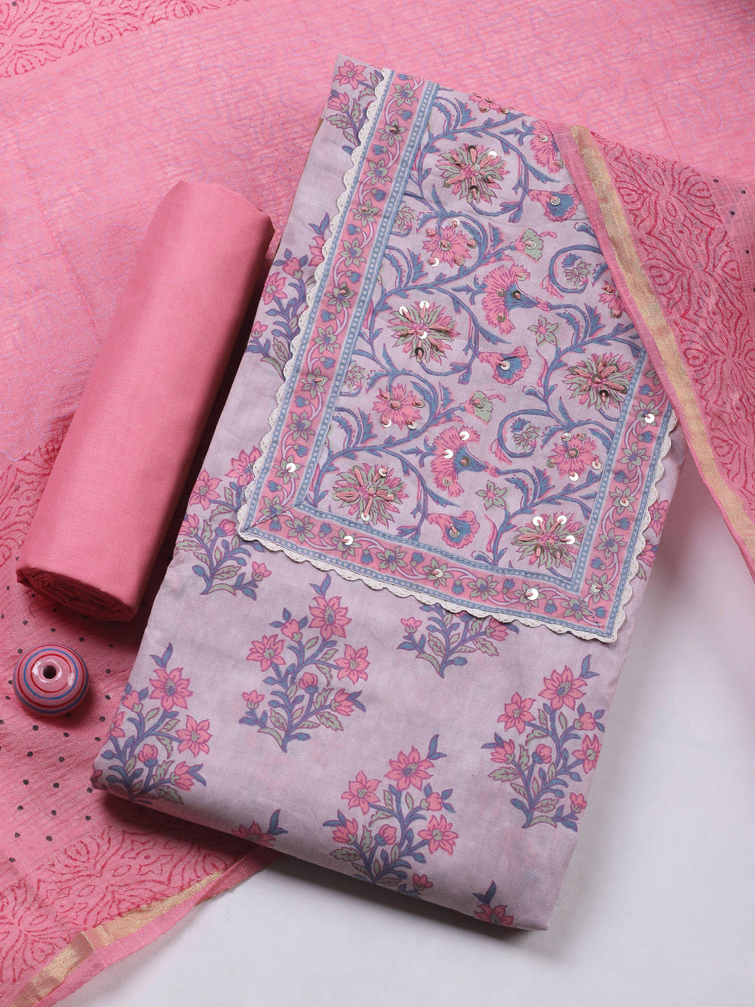 Pink Lavender Printed Cotton Blend Unstitched Dress Material