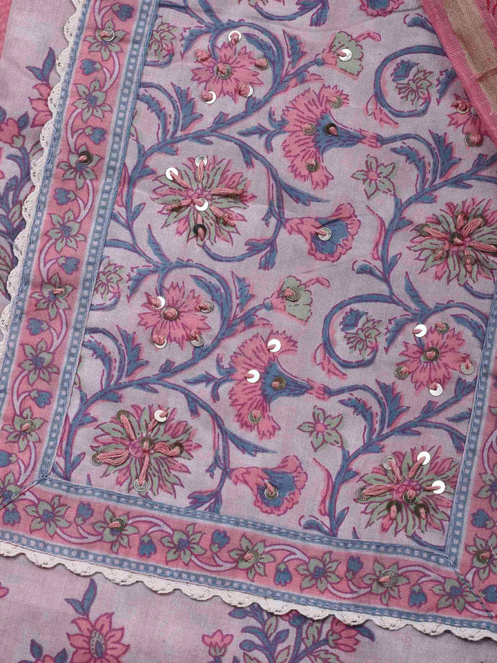 Pink Lavender Printed Cotton Blend Unstitched Dress Material