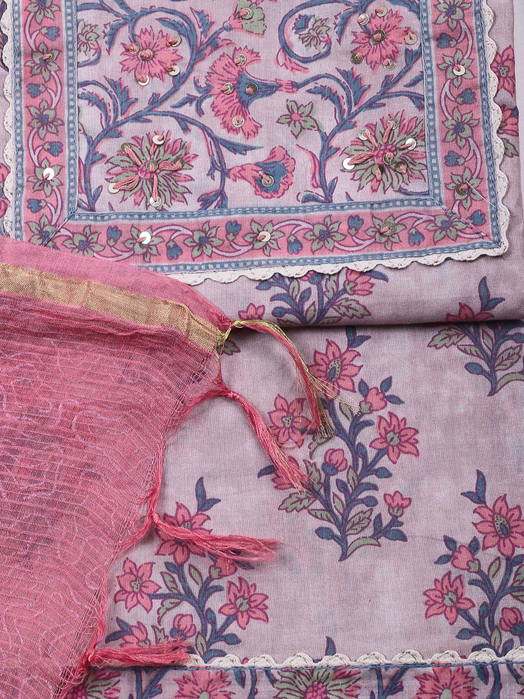 Pink Lavender Printed Cotton Blend Unstitched Dress Material