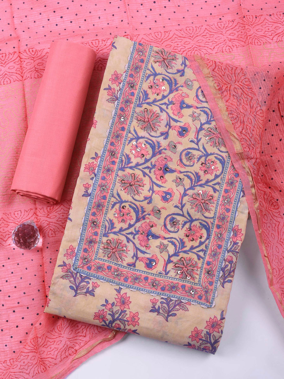 Yellow Printed Cotton Blend Unstitched Suit &amp; Pant With Cotton Dupatta