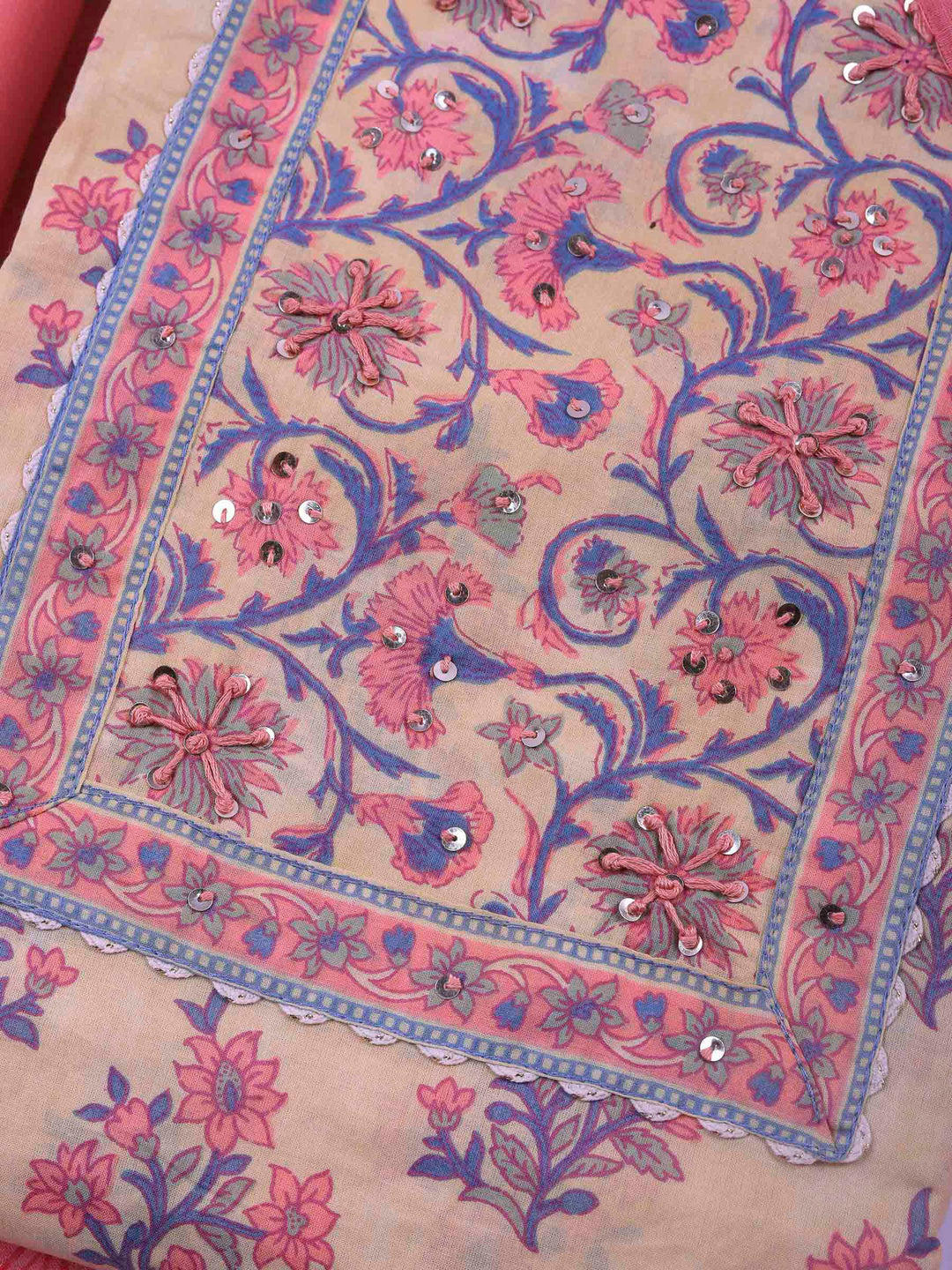 Yellow Printed Cotton Blend Unstitched Suit &amp; Pant With Cotton Dupatta