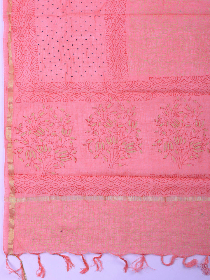 Yellow Printed Cotton Blend Unstitched Suit &amp; Pant With Cotton Dupatta