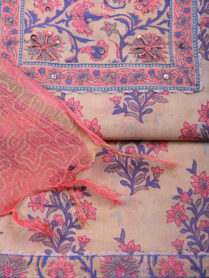 Yellow Printed Cotton Blend Unstitched Suit &amp; Pant With Cotton Dupatta