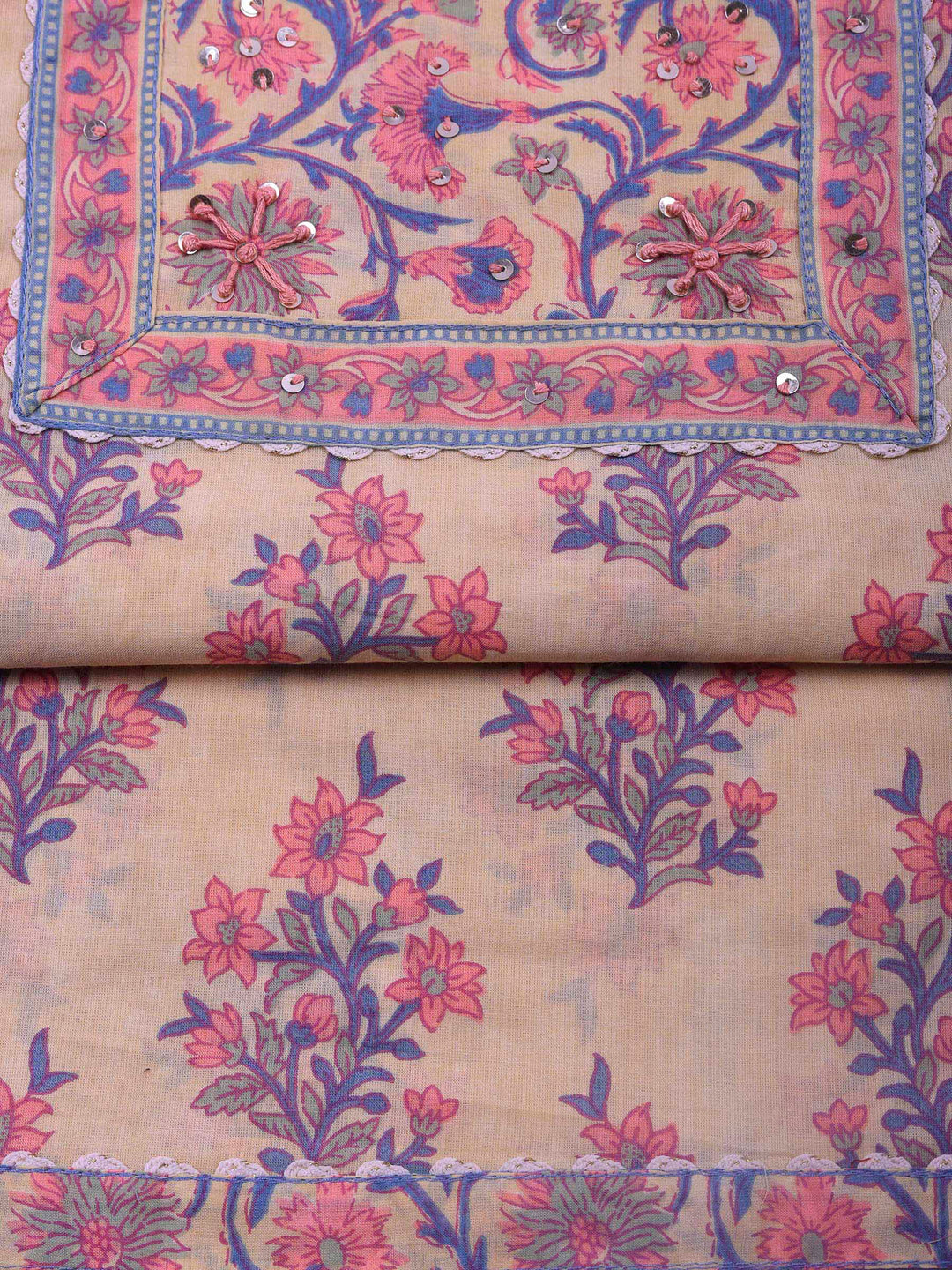 Yellow Printed Cotton Blend Unstitched Suit &amp; Pant With Cotton Dupatta