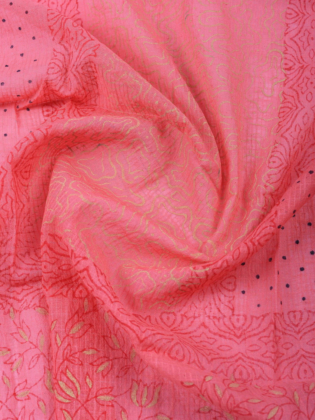 Yellow Printed Cotton Blend Unstitched Suit &amp; Pant With Cotton Dupatta