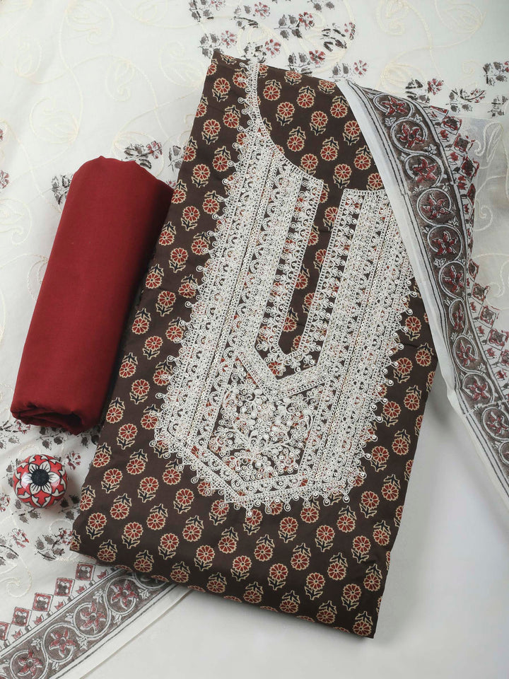Brown Embroidery Cotton Blend Unstitched Dress Material