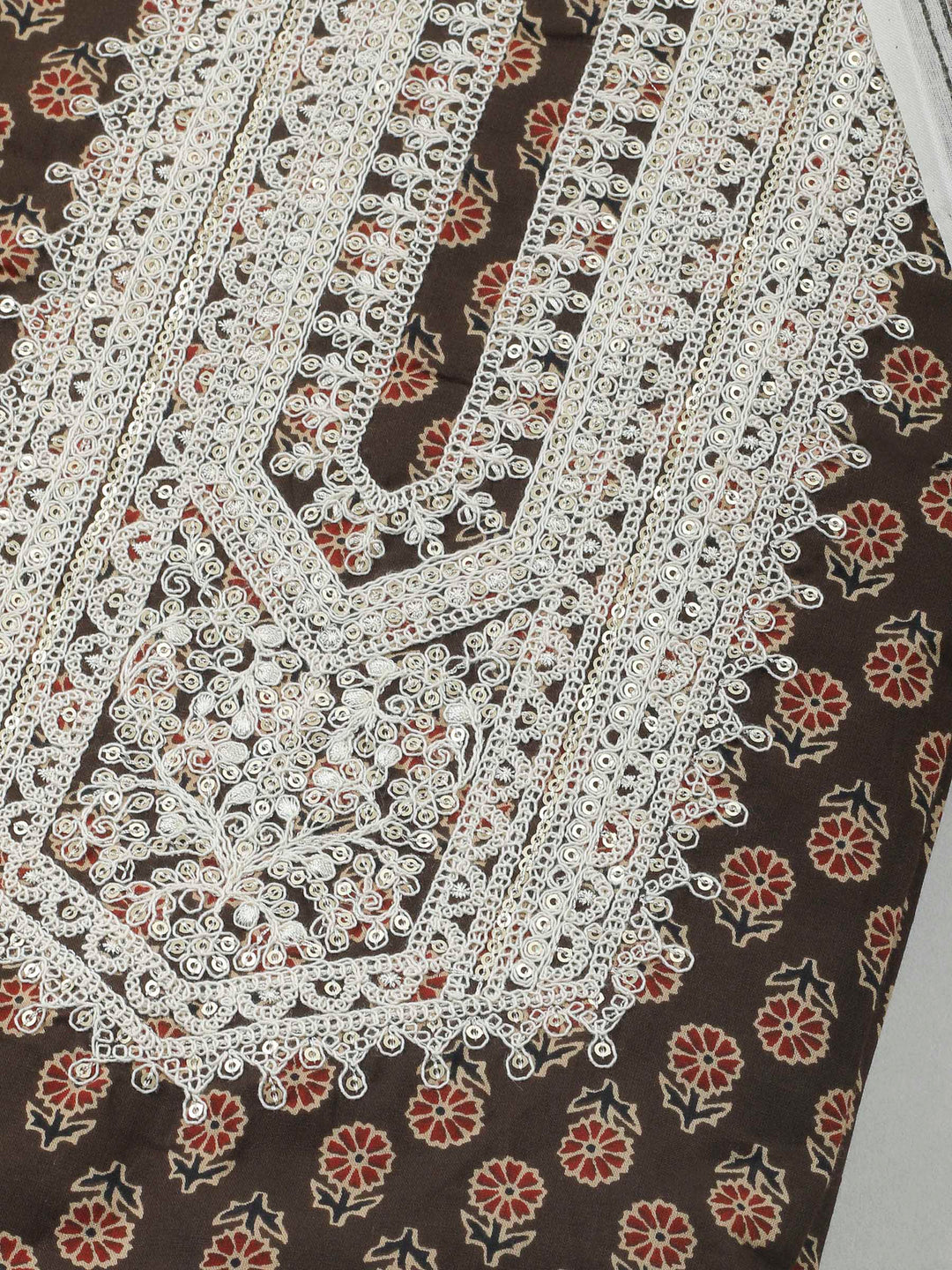 Brown Embroidery Cotton Blend Unstitched Dress Material