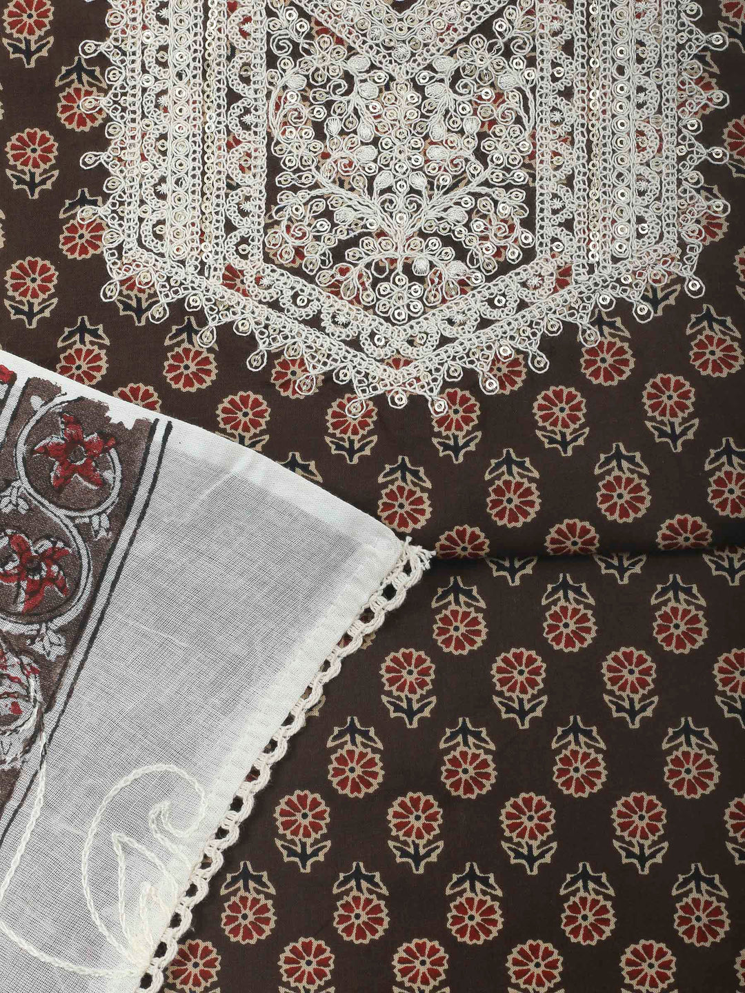 Brown Embroidery Cotton Blend Unstitched Dress Material
