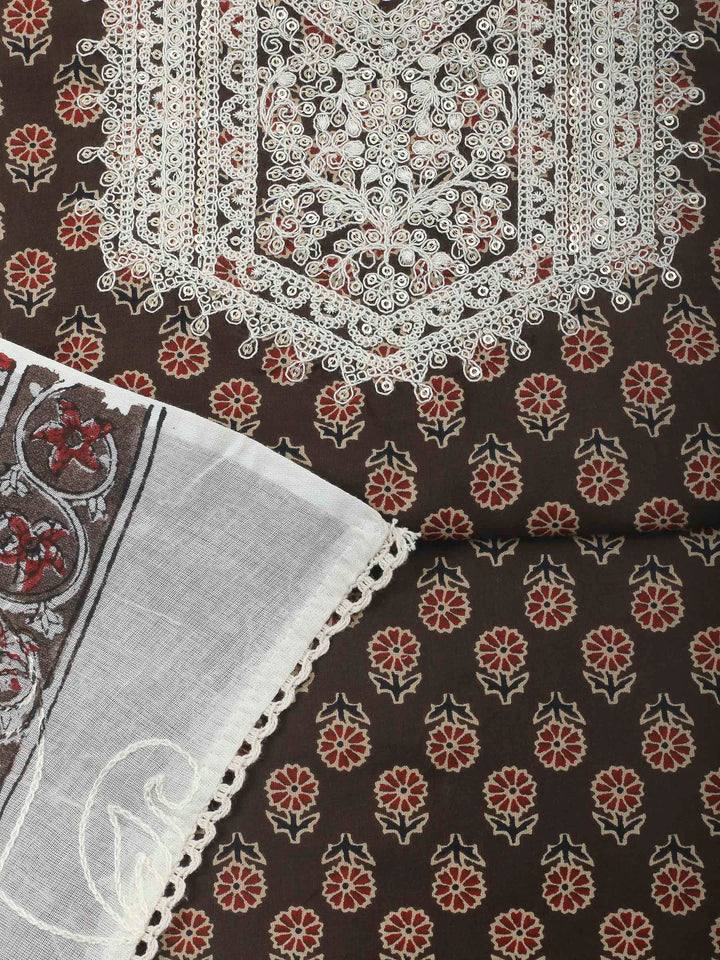 Brown Embroidery Cotton Blend Unstitched Dress Material