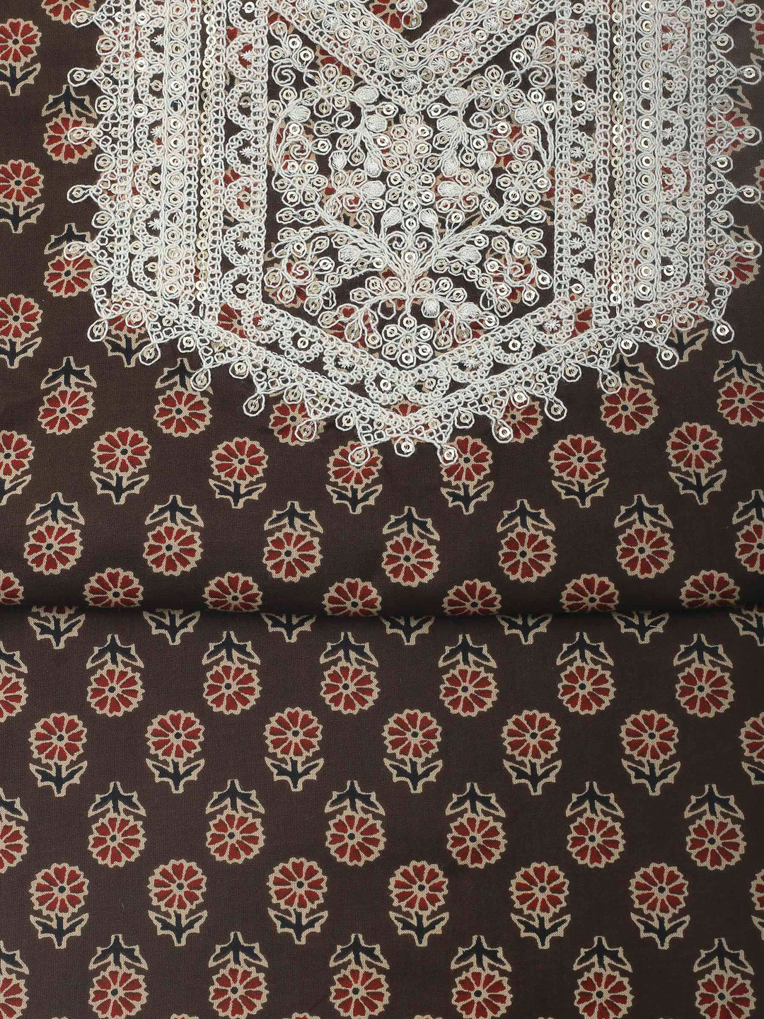 Brown Embroidery Cotton Blend Unstitched Dress Material