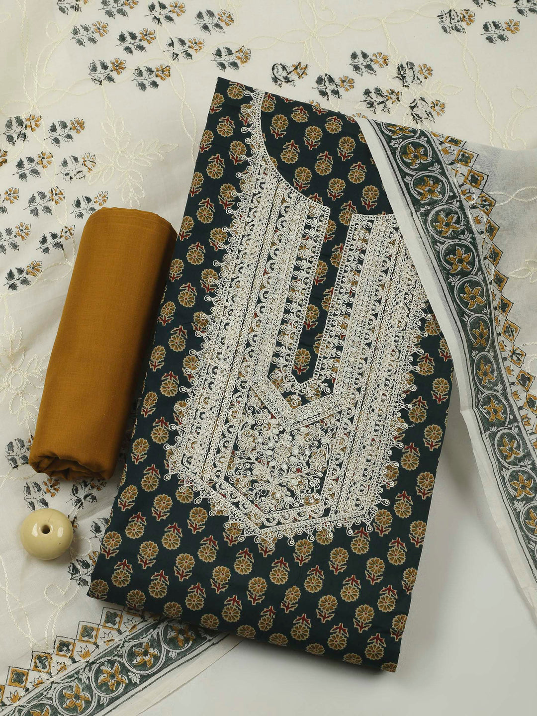 Green Embroidery Cotton Blend Unstitched Dress Material