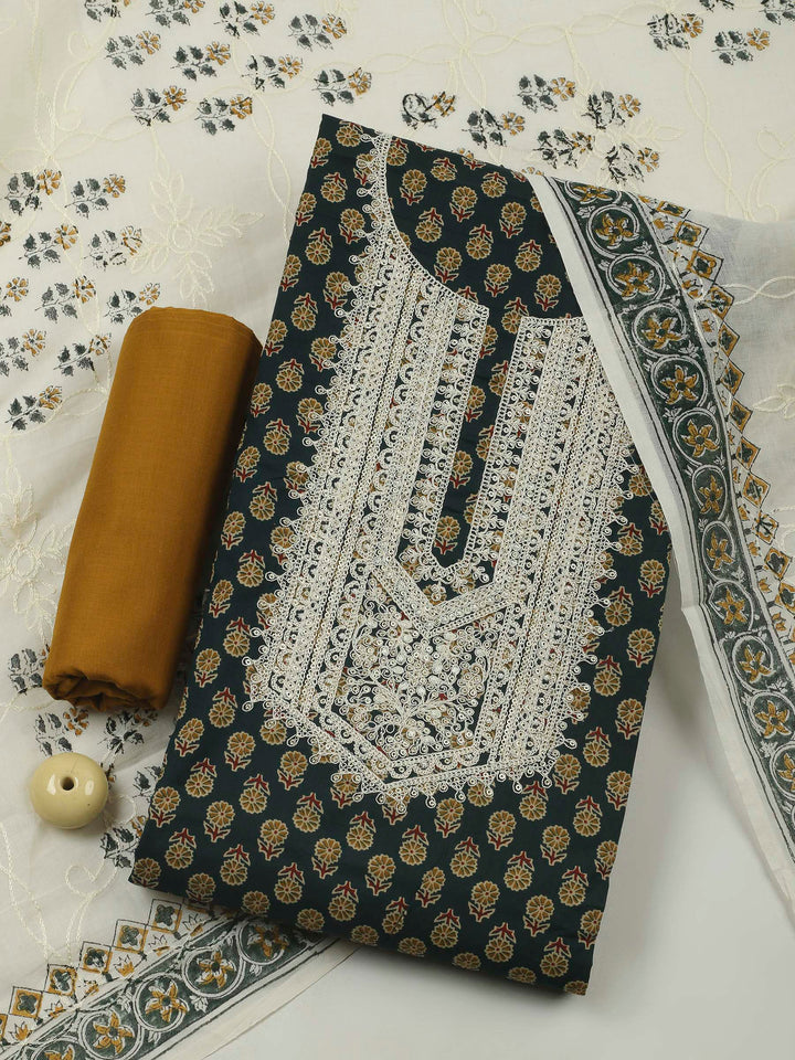 Green Embroidery Cotton Blend Unstitched Dress Material