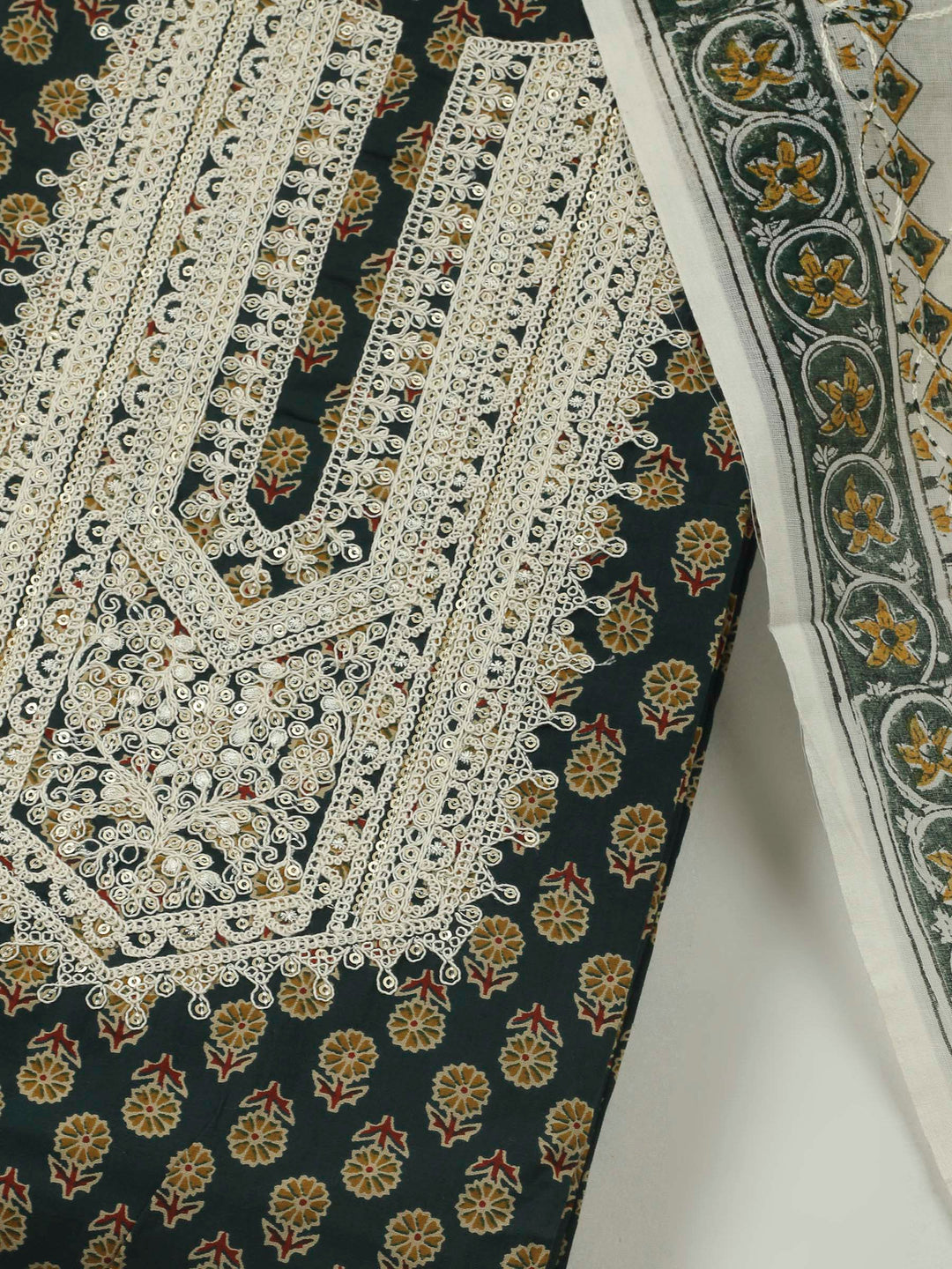 Green Embroidery Cotton Blend Unstitched Dress Material