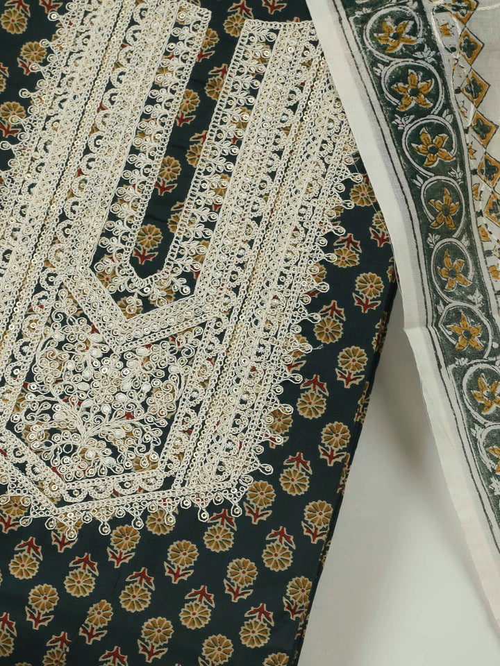 Green Embroidery Cotton Blend Unstitched Dress Material