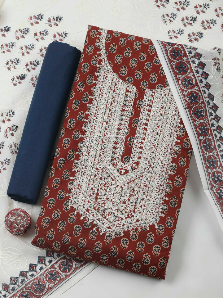 Maroon Embroidery Cotton Blend Unstitched Dress Material
