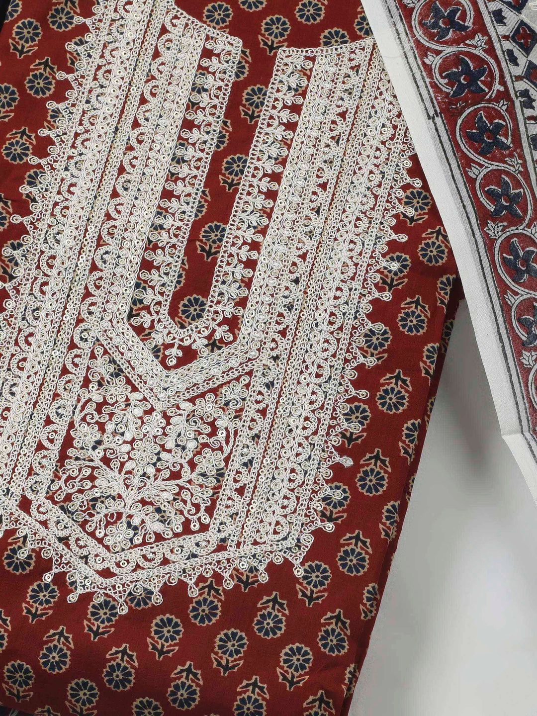 Maroon Embroidery Cotton Blend Unstitched Dress Material