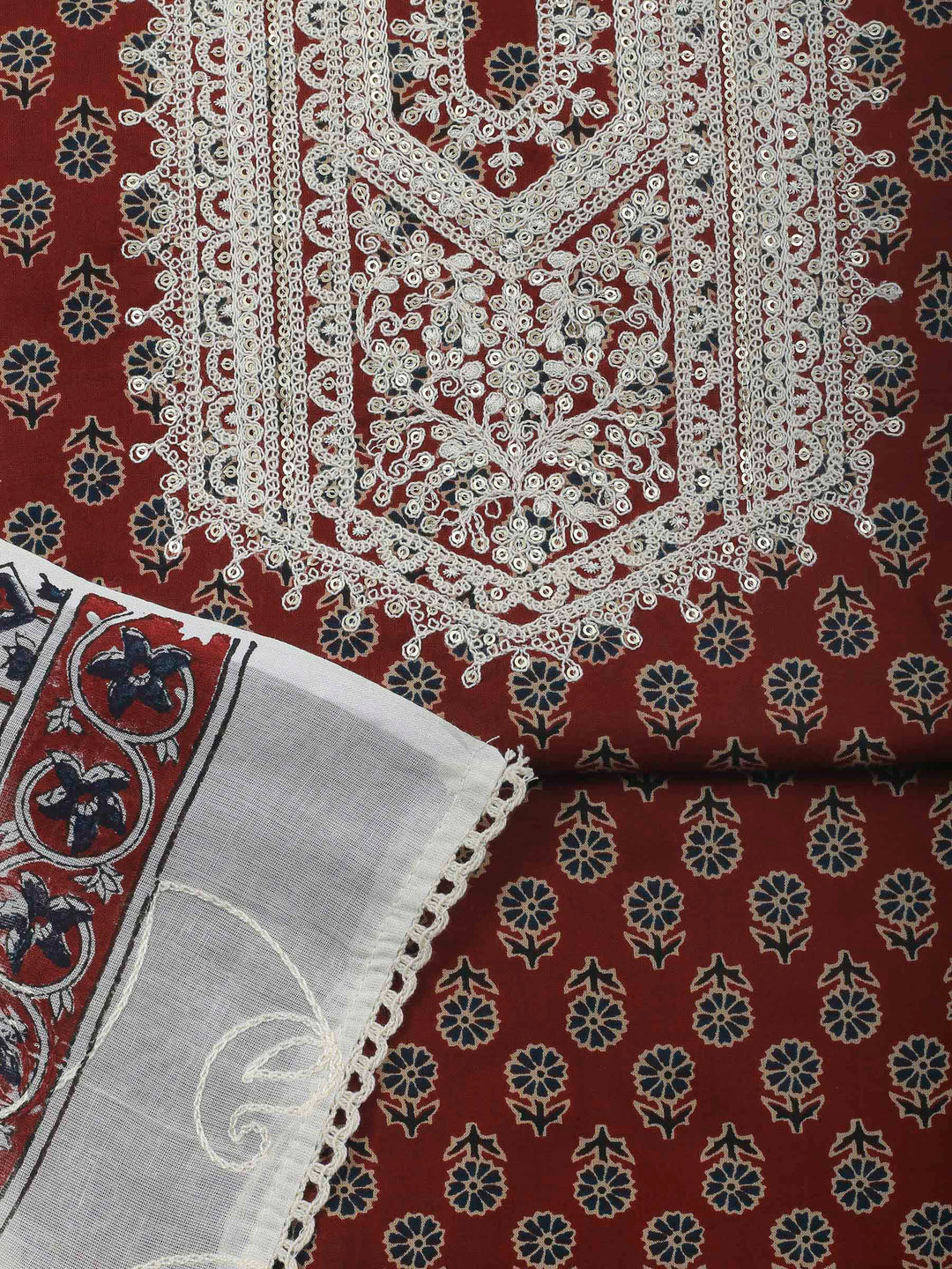Maroon Embroidery Cotton Blend Unstitched Dress Material
