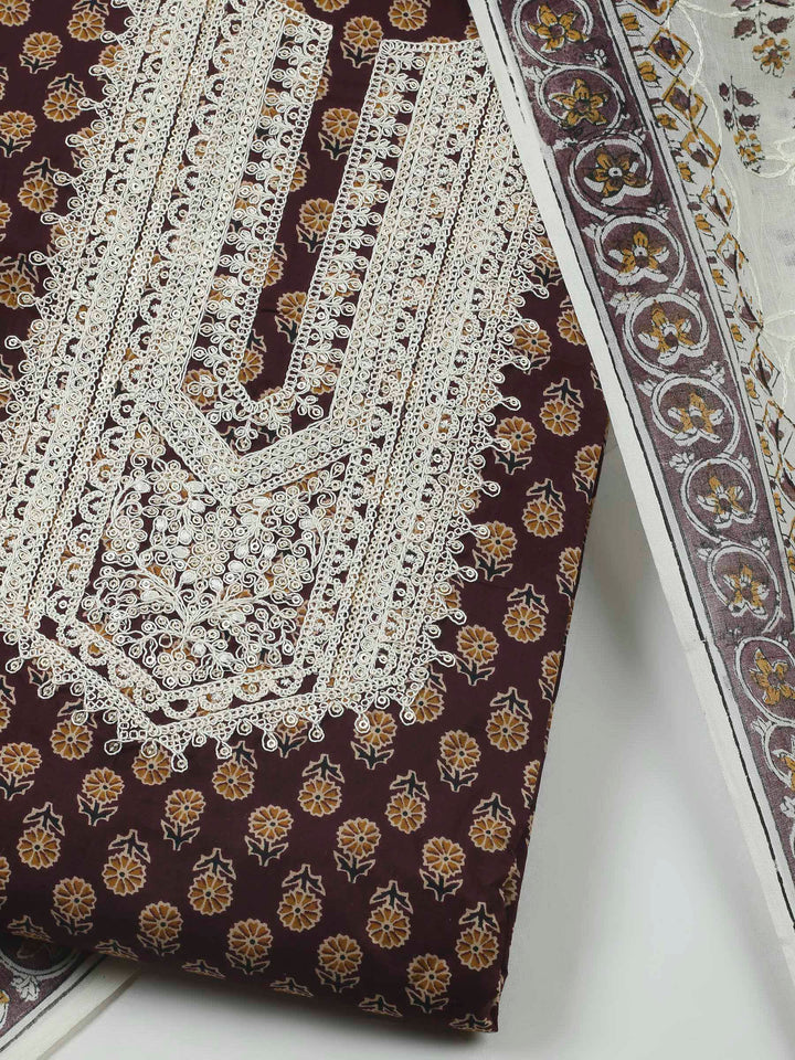 Wine Embroidery Cotton Blend Unstitched Dress Material