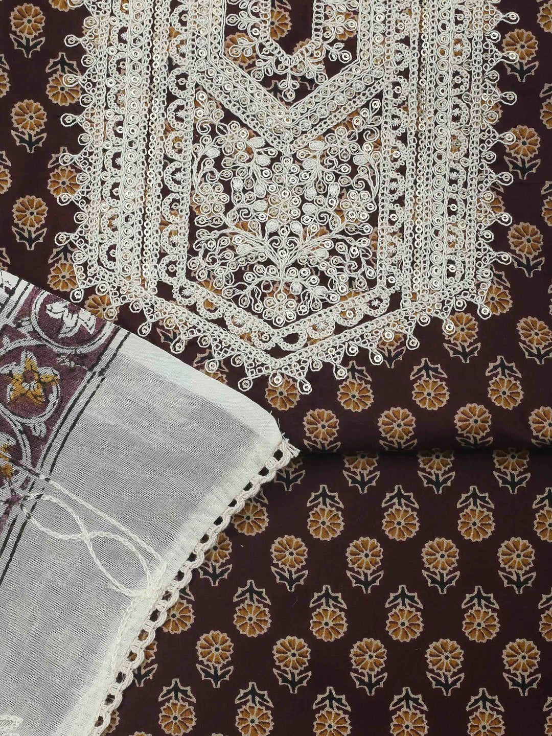 Wine Embroidery Cotton Blend Unstitched Dress Material