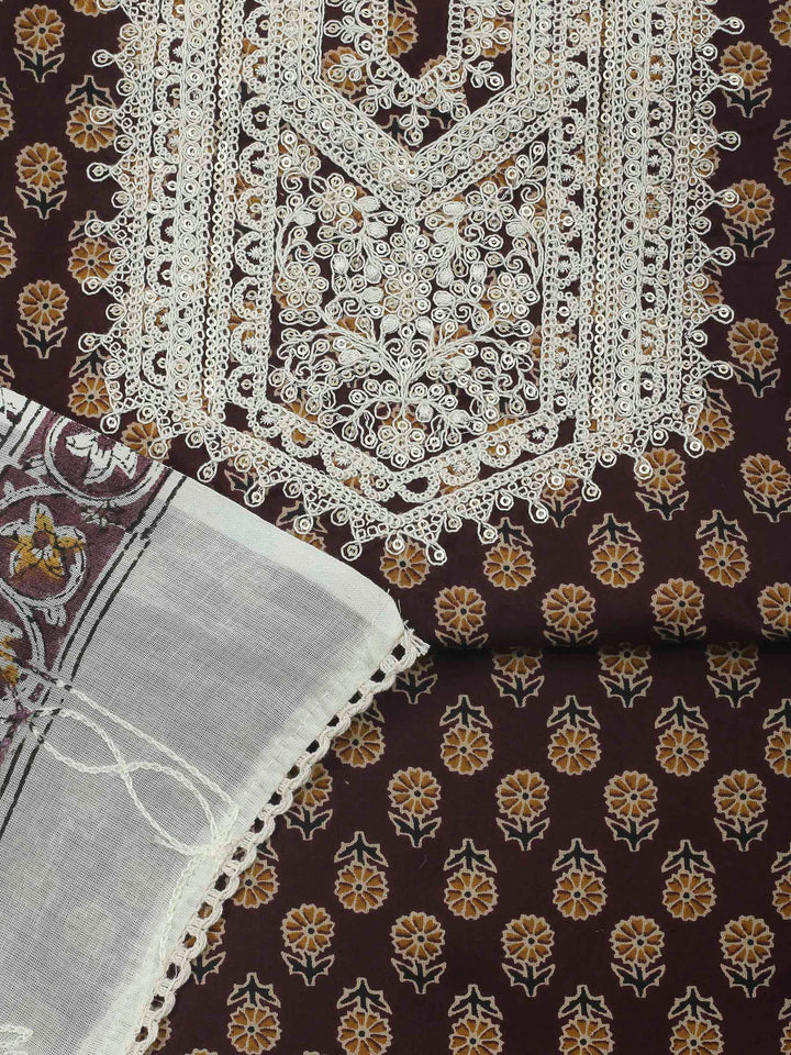Wine Embroidery Cotton Blend Unstitched Dress Material