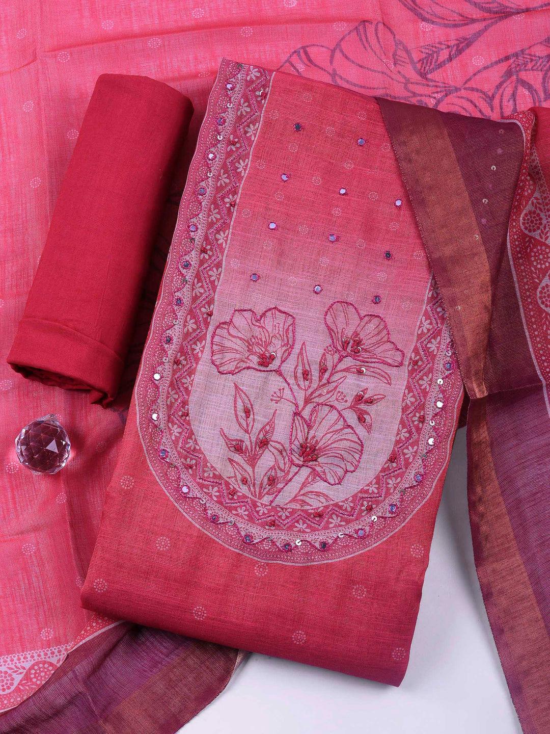 Fuschia Pink Printed Tissue Unstitched Suit &amp; Pant With Tissue Dupatta