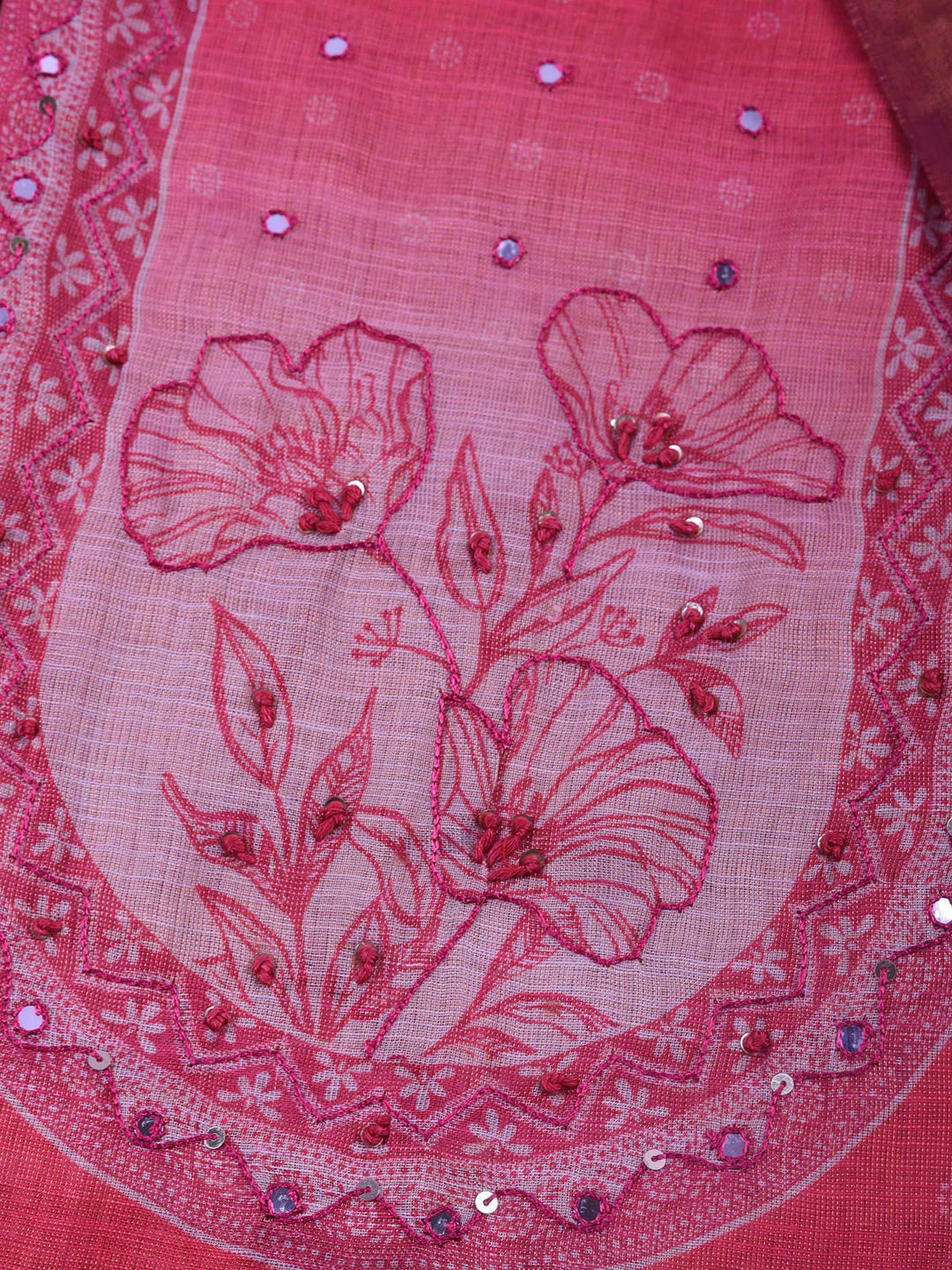 Fuschia Pink Printed Tissue Unstitched Suit &amp; Pant With Tissue Dupatta
