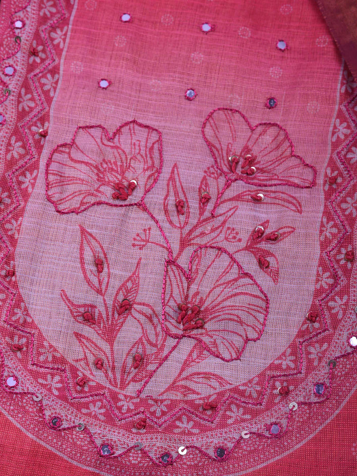 Fuschia Pink Printed Tissue Unstitched Suit &amp; Pant With Tissue Dupatta