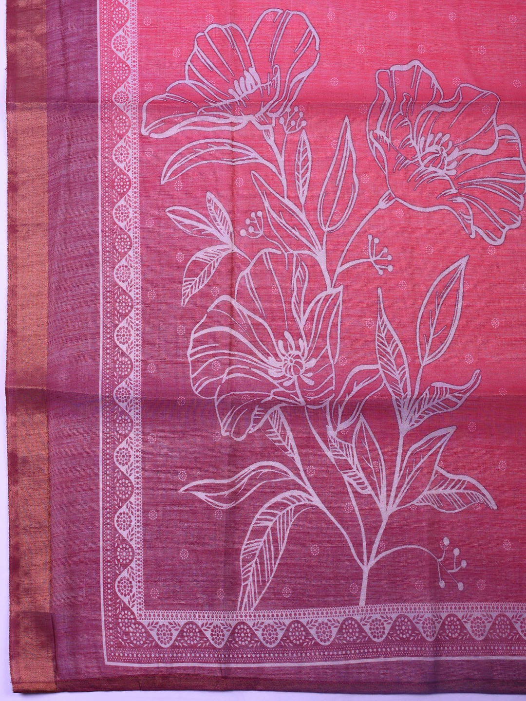 Fuschia Pink Printed Tissue Unstitched Suit &amp; Pant With Tissue Dupatta