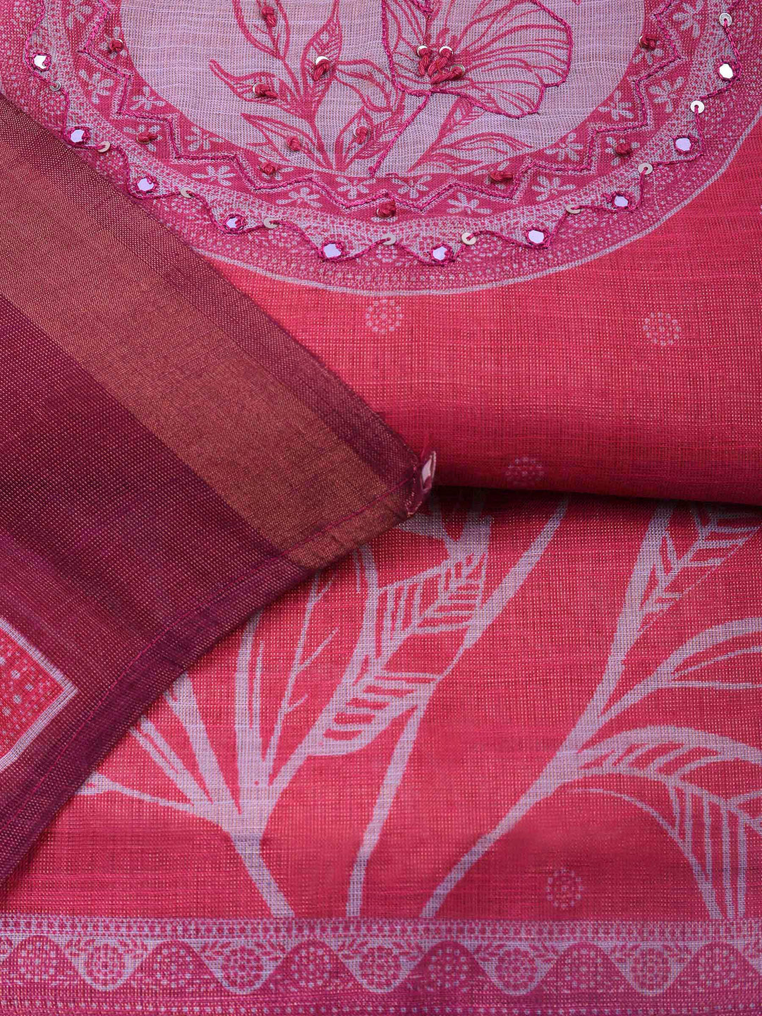 Fuschia Pink Printed Tissue Unstitched Suit &amp; Pant With Tissue Dupatta