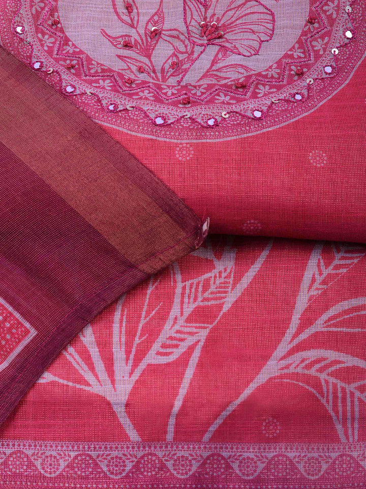 Fuschia Pink Printed Tissue Unstitched Suit &amp; Pant With Tissue Dupatta