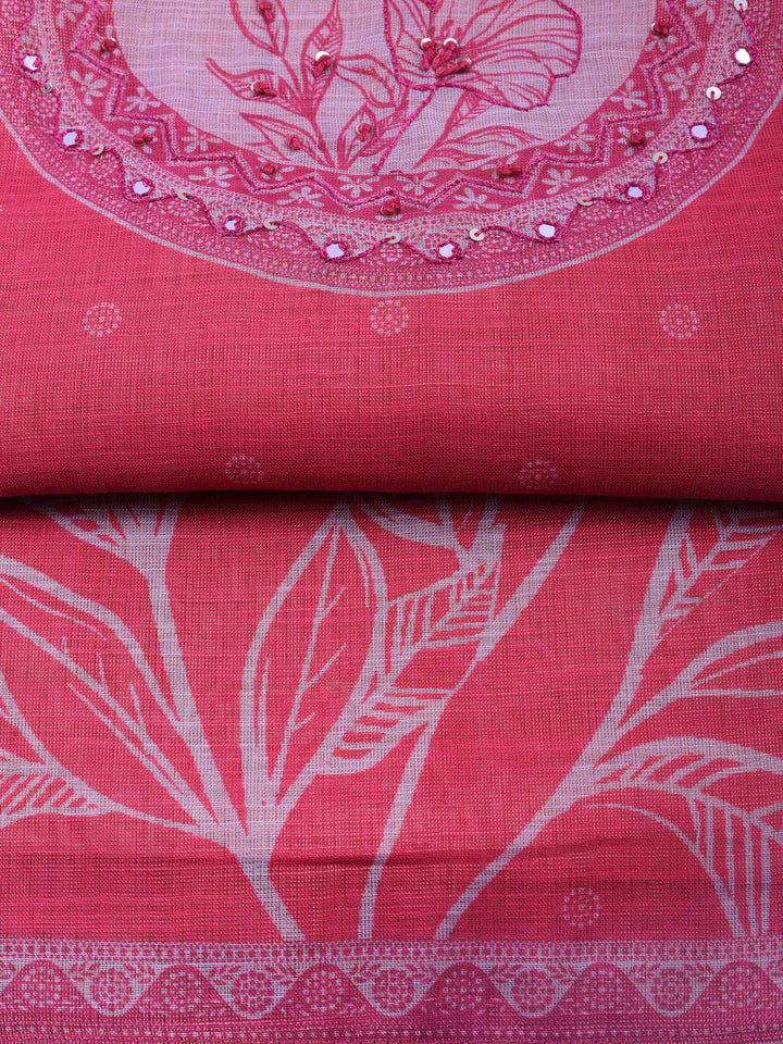 Fuschia Pink Printed Tissue Unstitched Suit &amp; Pant With Tissue Dupatta