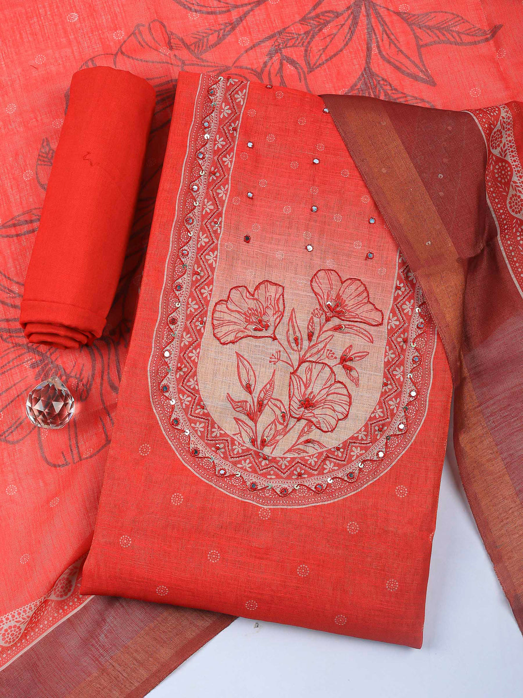 Rust Printed Tissue Unstitched Dress Material