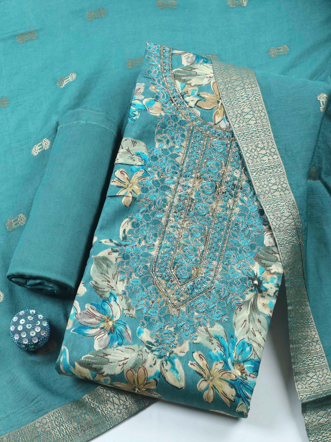 Lake Blue Embroidered Cotton Blend Unstitched Suit &amp; Pant With Cotton Dupatta