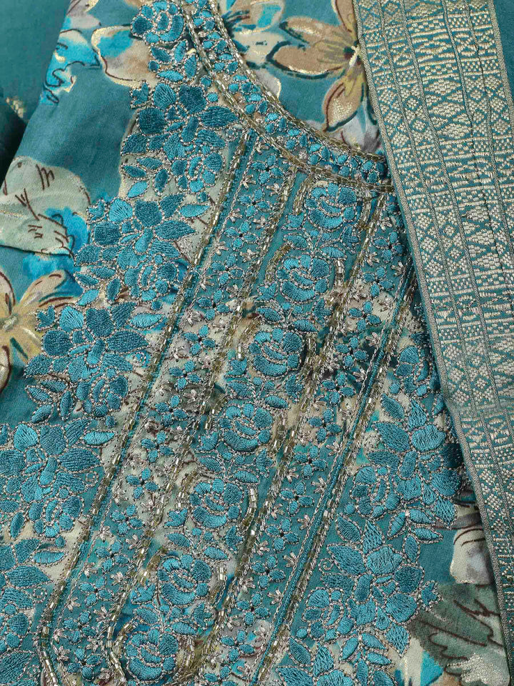 Lake Blue Embroidered Cotton Blend Unstitched Suit &amp; Pant With Cotton Dupatta