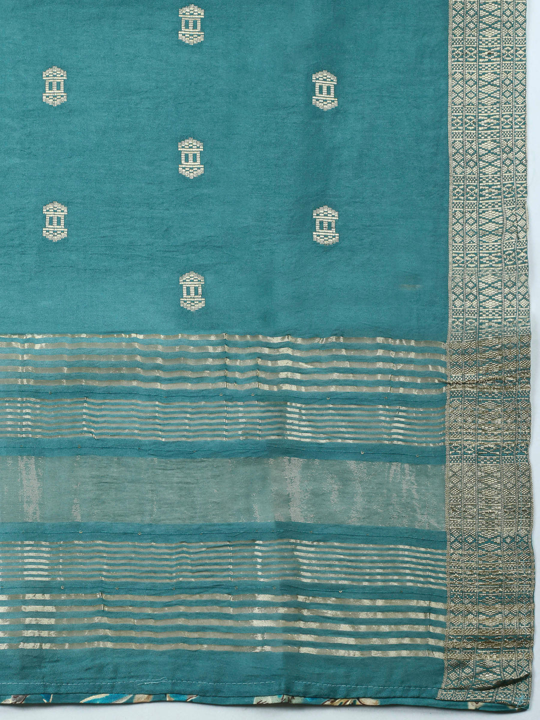 Lake Blue Embroidered Cotton Blend Unstitched Suit &amp; Pant With Cotton Dupatta