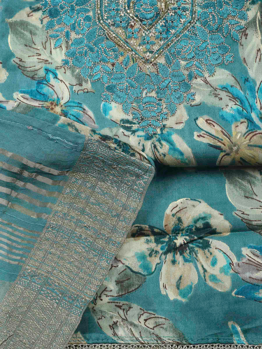 Lake Blue Embroidered Cotton Blend Unstitched Suit &amp; Pant With Cotton Dupatta