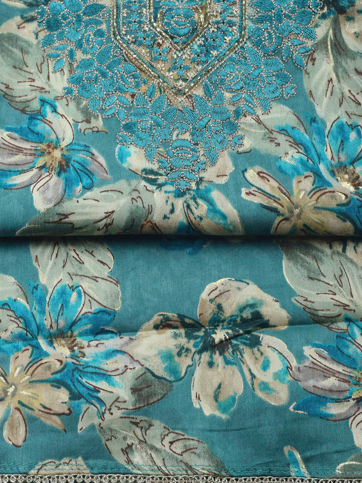 Lake Blue Embroidered Cotton Blend Unstitched Suit &amp; Pant With Cotton Dupatta