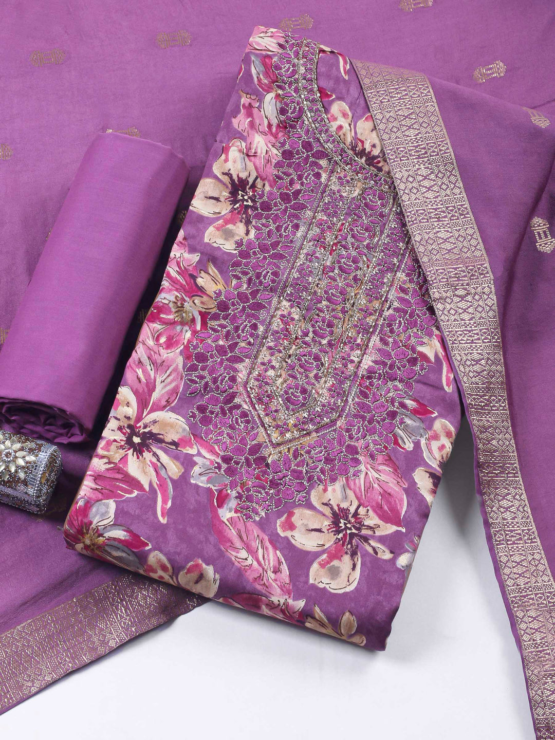Lavender Embroidered Cotton Blend Unstitched Suit &amp; Pant With Cotton Dupatta