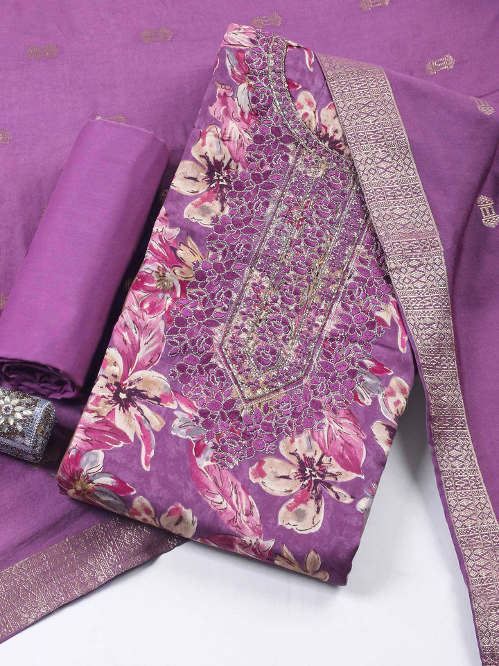 Lavender Embroidered Cotton Blend Unstitched Suit &amp; Pant With Cotton Dupatta