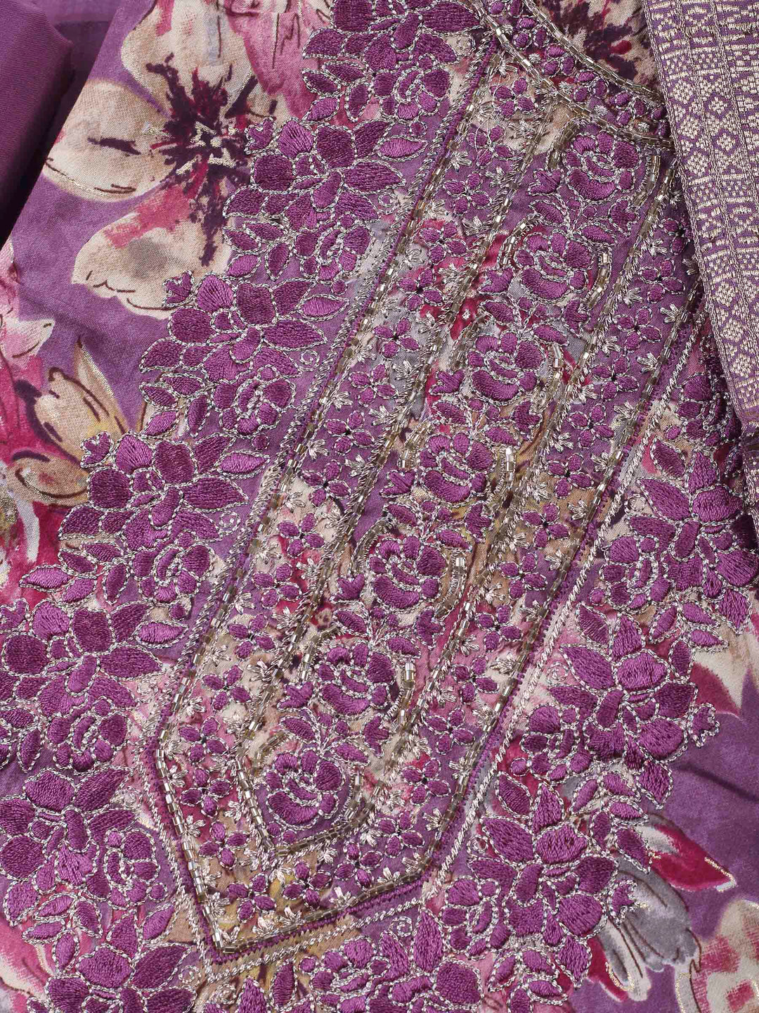 Lavender Embroidered Cotton Blend Unstitched Suit &amp; Pant With Cotton Dupatta