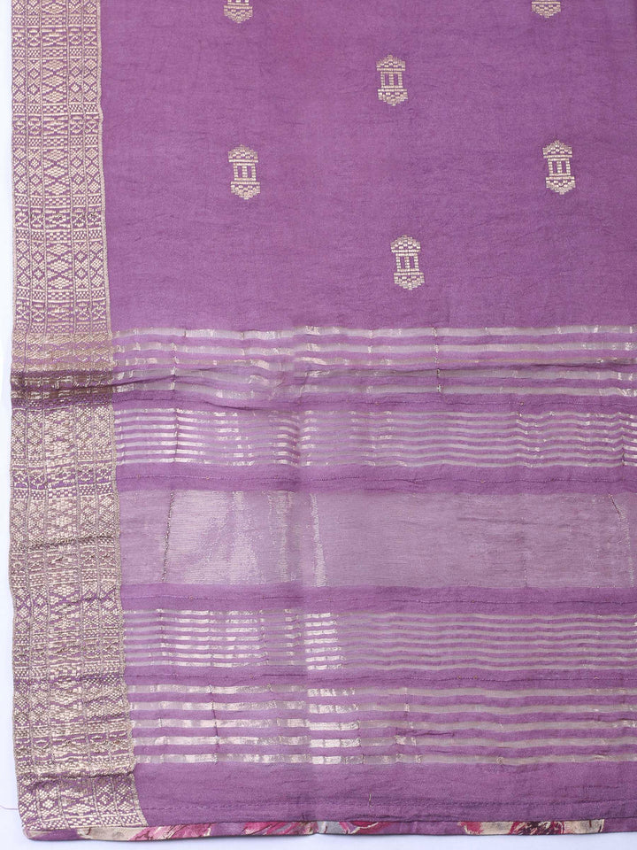 Lavender Embroidered Cotton Blend Unstitched Suit &amp; Pant With Cotton Dupatta
