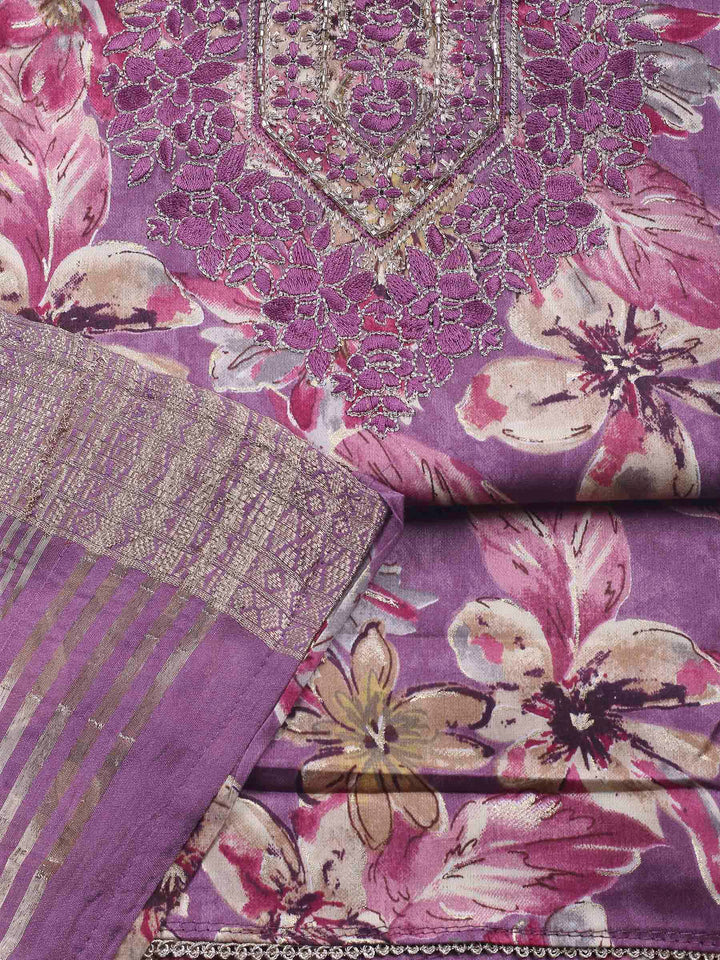 Lavender Embroidered Cotton Blend Unstitched Suit &amp; Pant With Cotton Dupatta