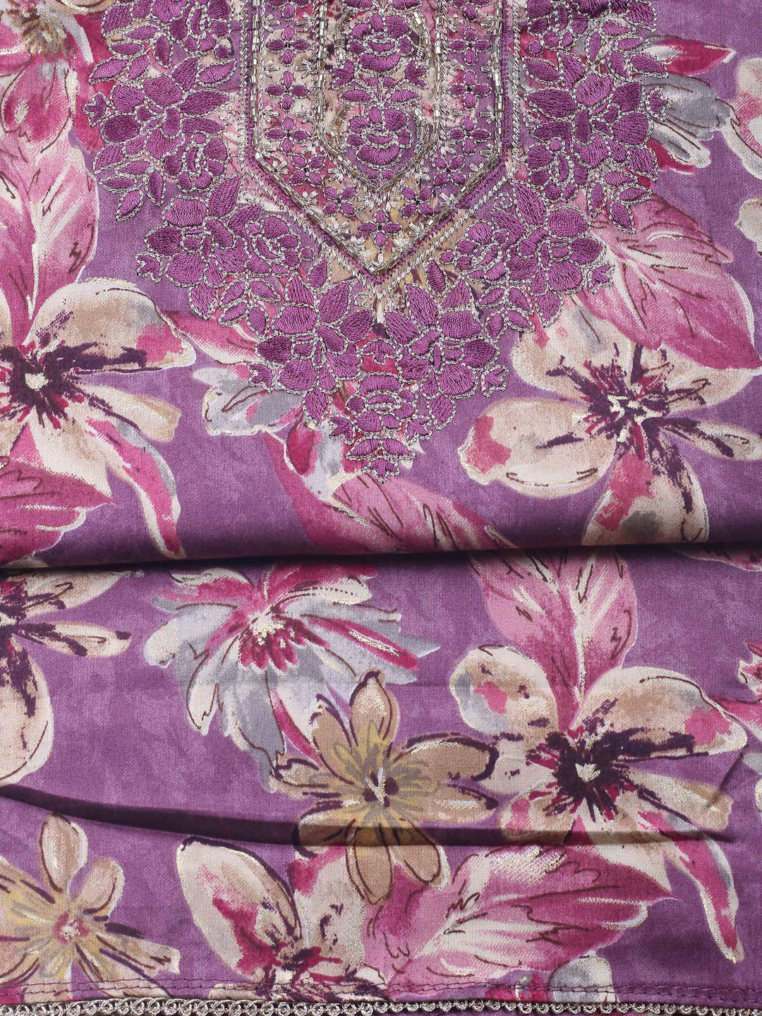 Lavender Embroidered Cotton Blend Unstitched Suit &amp; Pant With Cotton Dupatta