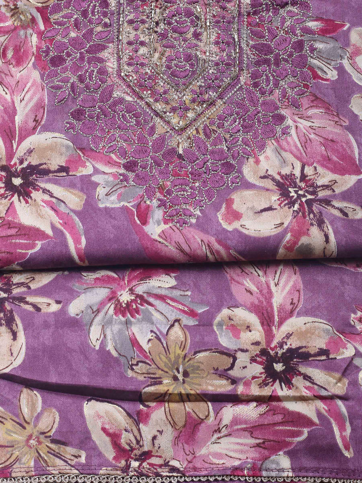 Lavender Embroidered Cotton Blend Unstitched Suit &amp; Pant With Cotton Dupatta