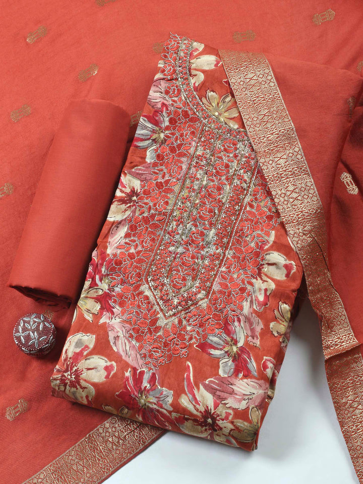 Rust Embroidered Cotton Blend Unstitched Suit &amp; Pant With Cotton Dupatta