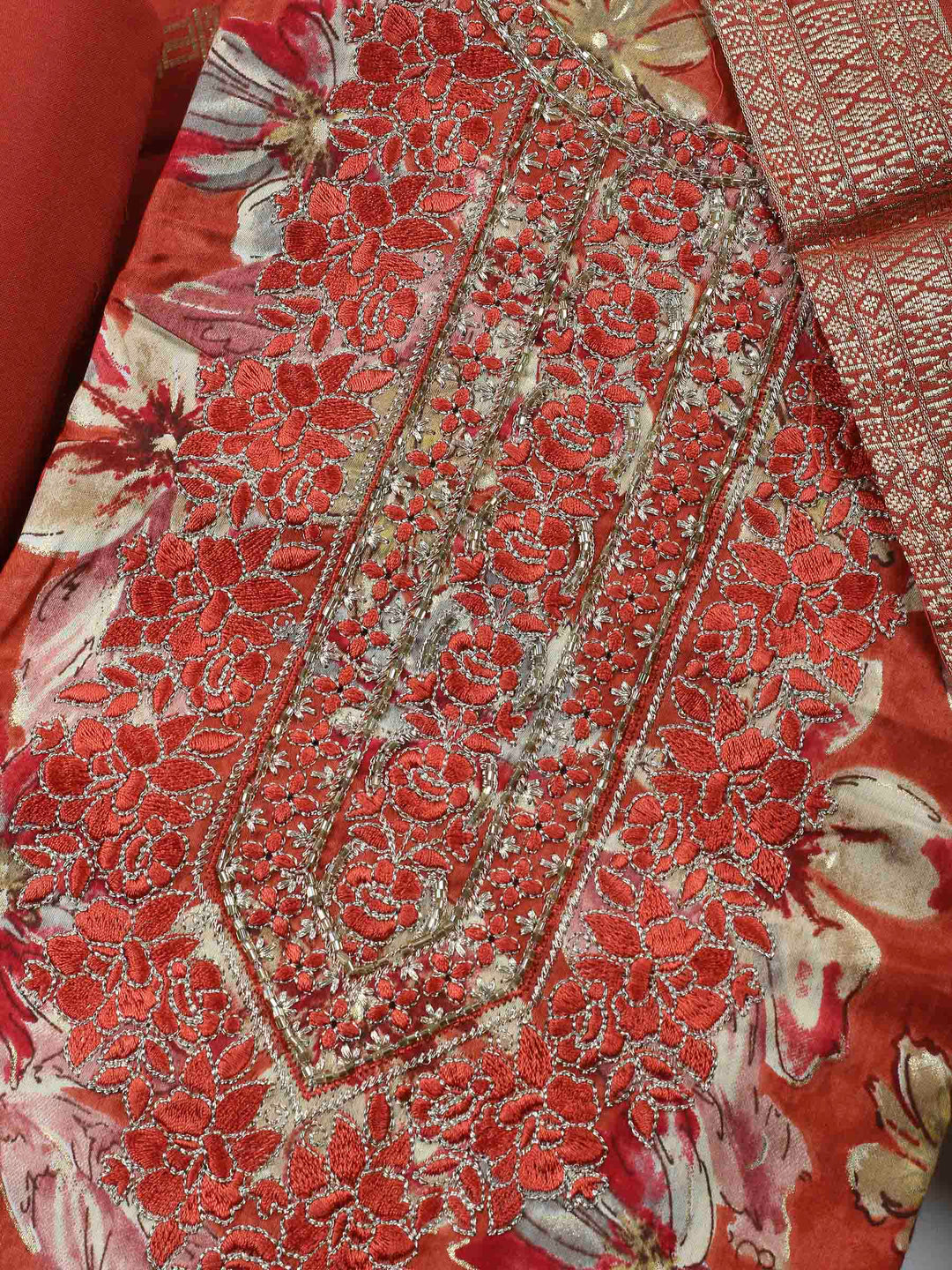 Rust Embroidered Cotton Blend Unstitched Suit &amp; Pant With Cotton Dupatta