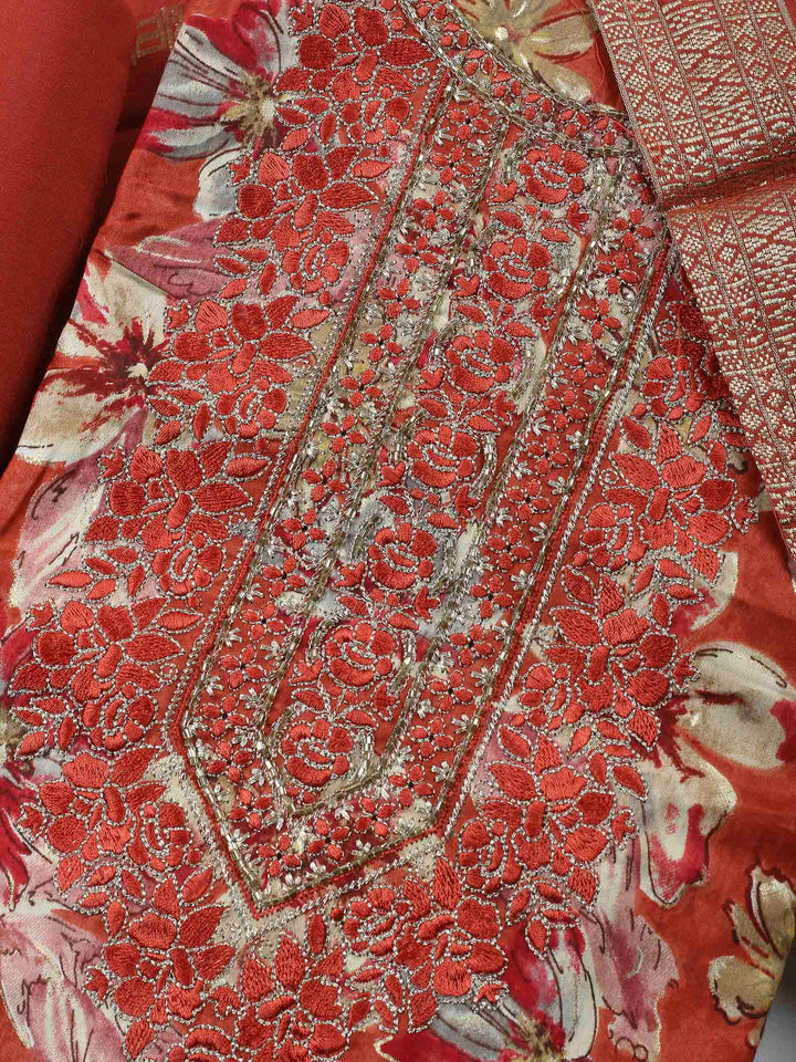 Rust Embroidered Cotton Blend Unstitched Suit &amp; Pant With Cotton Dupatta