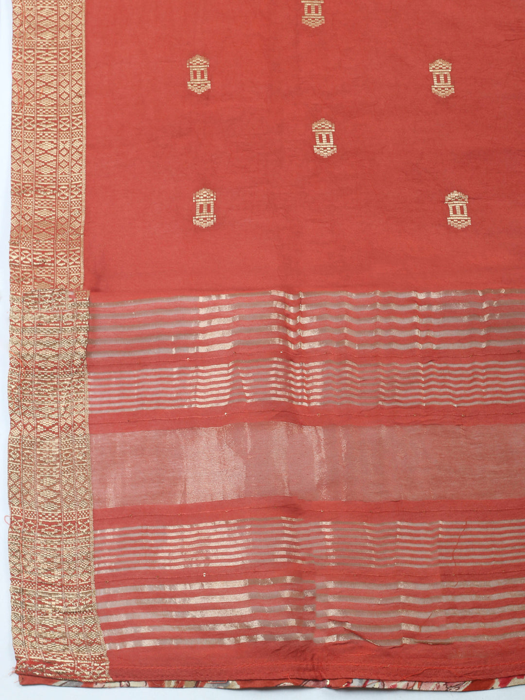 Rust Embroidered Cotton Blend Unstitched Suit &amp; Pant With Cotton Dupatta