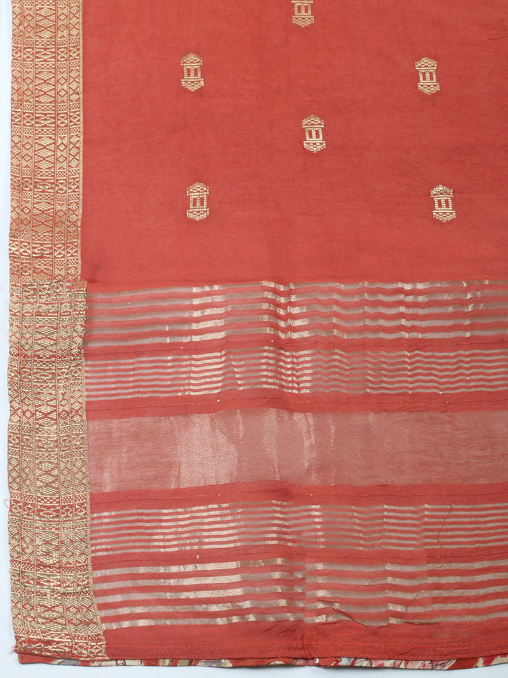 Rust Embroidered Cotton Blend Unstitched Suit &amp; Pant With Cotton Dupatta