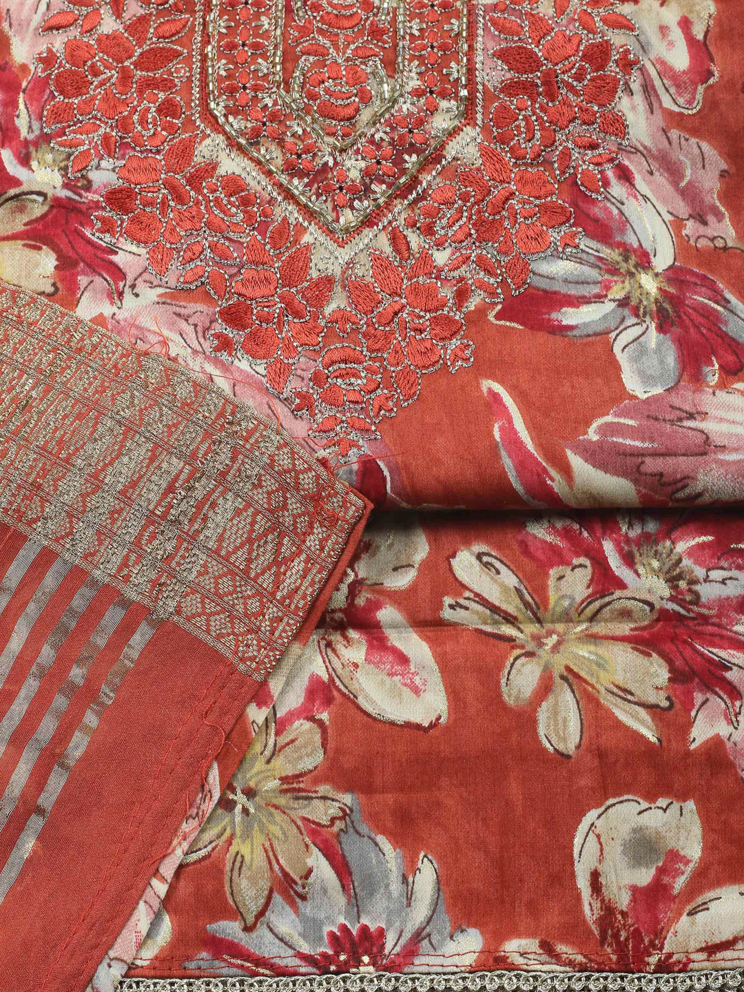 Rust Embroidered Cotton Blend Unstitched Suit &amp; Pant With Cotton Dupatta